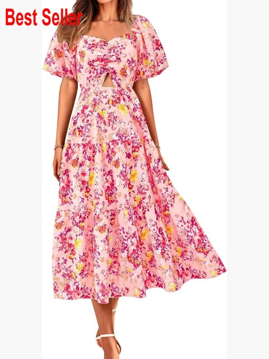 Smocked Back Floral Maxi Dress with Puff Sleeves and Cutout Detail